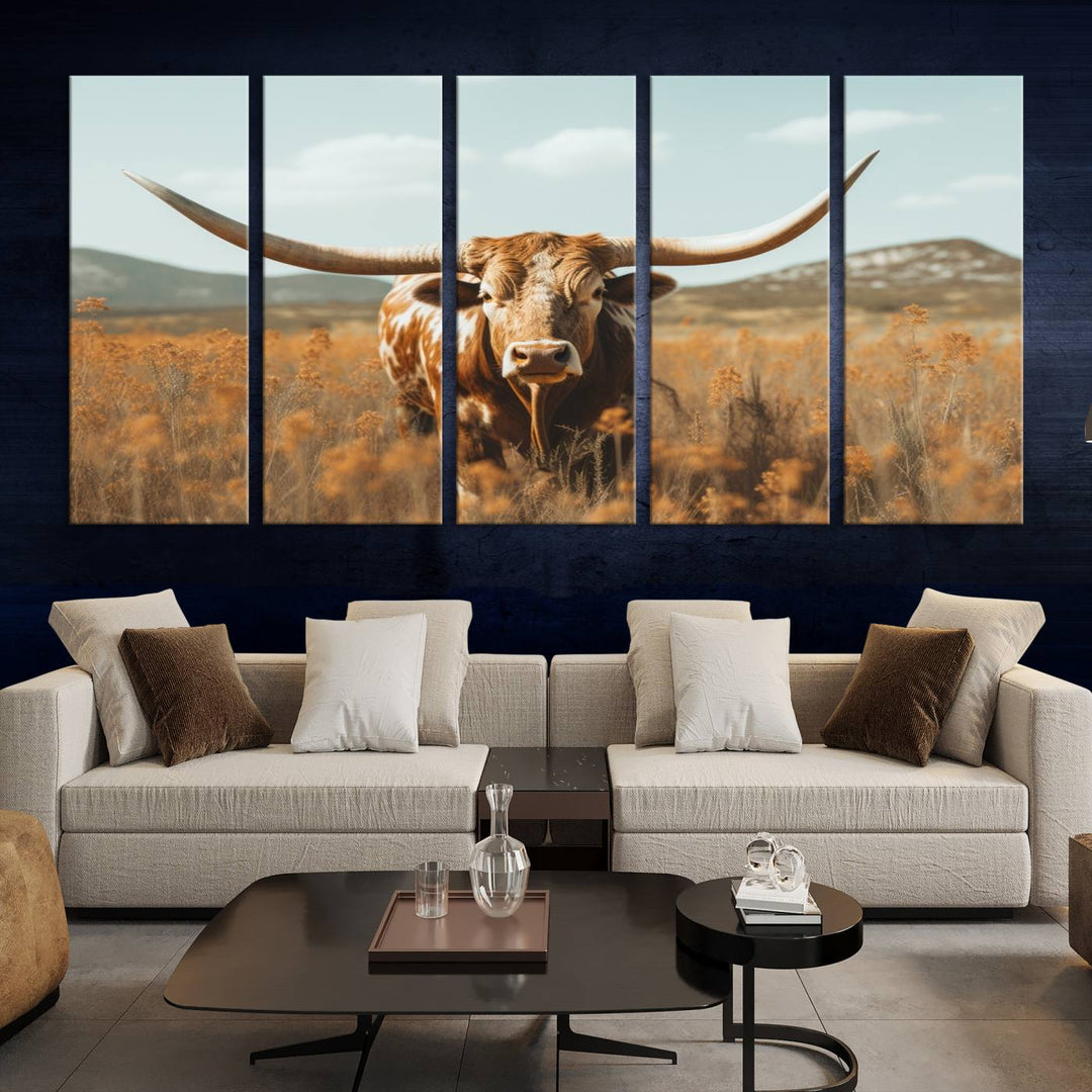 Cow Bighorn Wall Art Canvas Print, Longhorn Texas Large Cow Animal Canvas Print