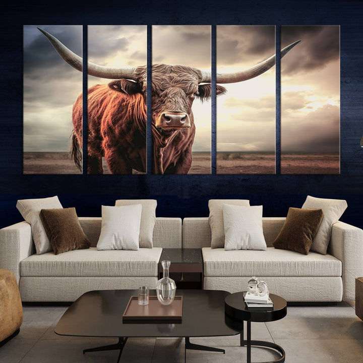 Cow Bighorn Wall Art Canvas Print, Longhorn Texas Large Cow Animal Canvas Print