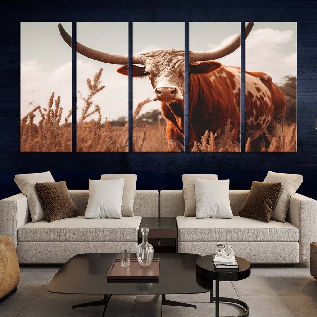 Cow Bighorn Wall Art Canvas Print, Longhorn Texas Large Cow Animal Canvas Print