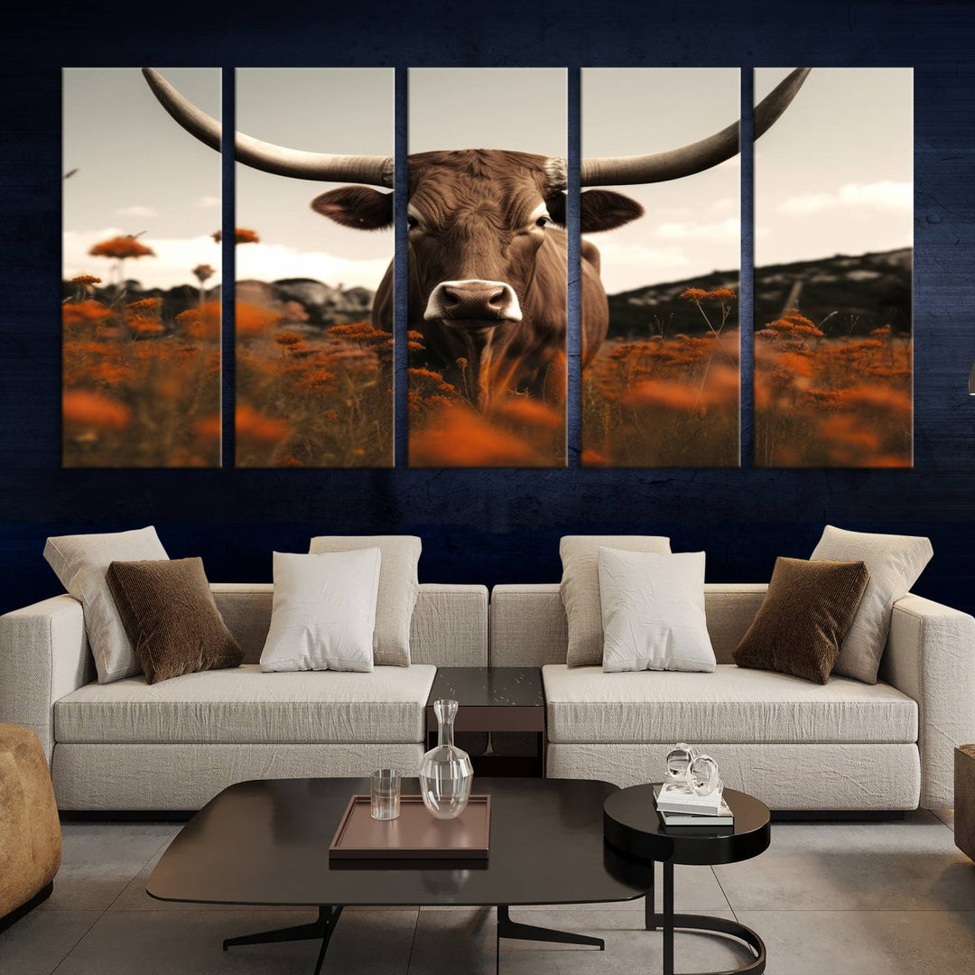 Cow Bighorn Wall Art Canvas Print, Longhorn Texas Large Cow Animal Canvas Print