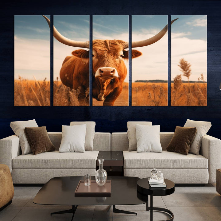 Cow Bighorn Wall Art Canvas Print, Longhorn Texas Large Cow Animal Canvas Print