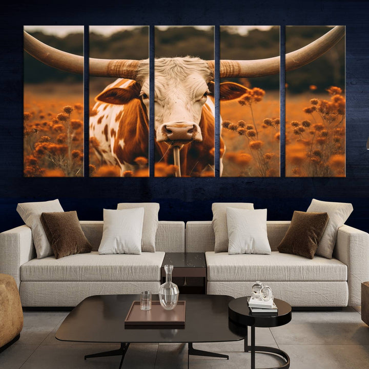 Cow Bighorn Wall Art Canvas Print, Longhorn Texas Large Cow Animal Canvas Print