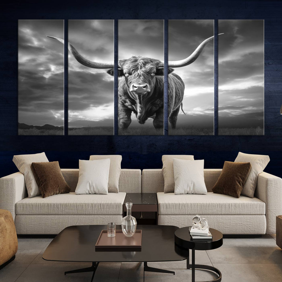 Cow Bighorn Wall Art Canvas Print, Longhorn Texas Large Cow Animal Canvas Print