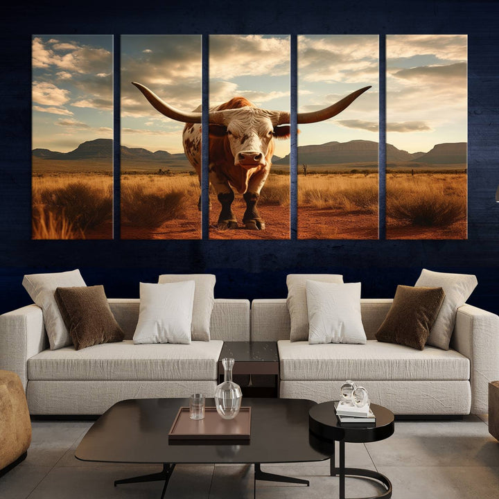 Cow Bighorn Wall Art Canvas Print, Longhorn Texas Large Cow Animal Canvas Print