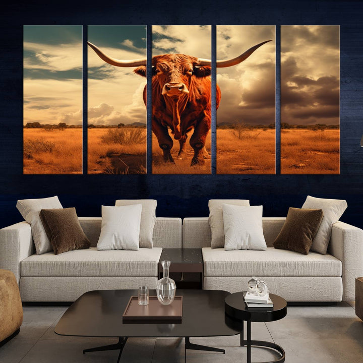 Cow Bighorn Wall Art Canvas Print, Longhorn Texas Large Cow Animal Canvas Print