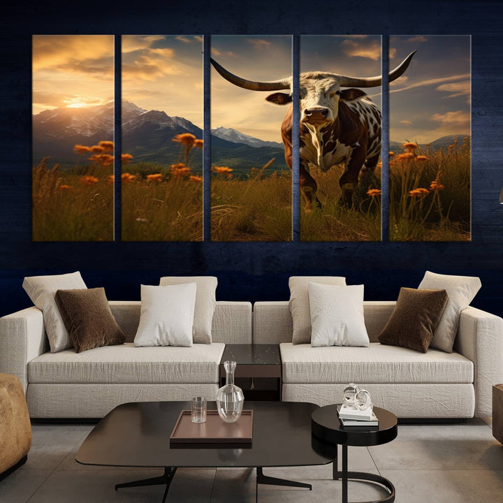 Cow Bighorn Wall Art Canvas Print, Longhorn Texas Large Cow Animal Canvas Print