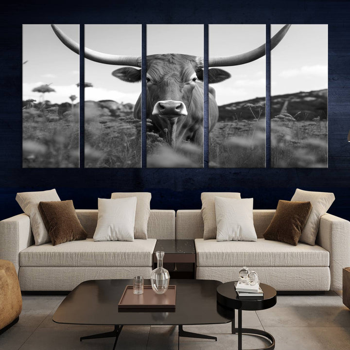 Cow Bighorn Wall Art Canvas Print, Longhorn Texas Large Cow Animal Canvas Print