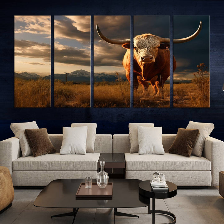 Cow Bighorn Wall Art Canvas Print, Longhorn Texas Large Cow Animal Canvas Print