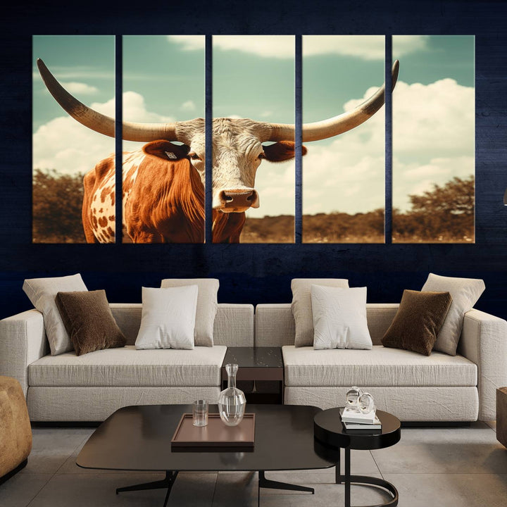 Cow Bighorn Wall Art Canvas Print, Longhorn Texas Large Cow Animal Canvas Print