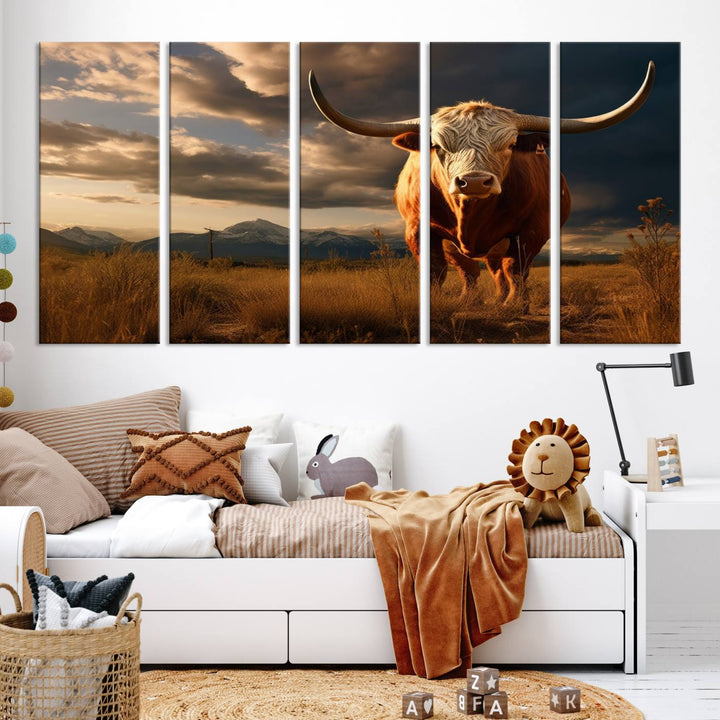 Cow Bighorn Wall Art Canvas Print, Longhorn Texas Large Cow Animal Canvas Print