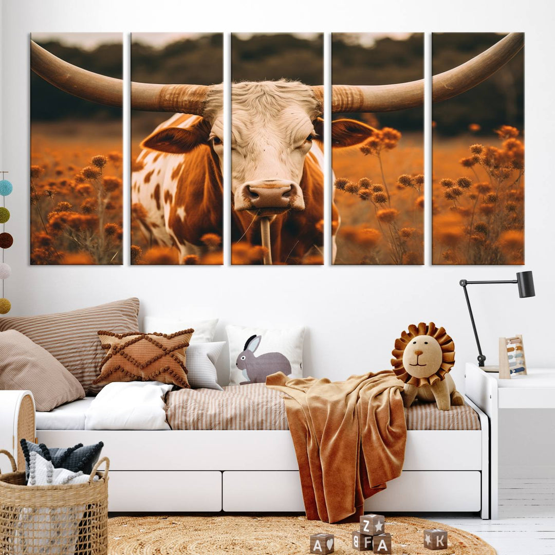 Cow Bighorn Wall Art Canvas Print, Longhorn Texas Large Cow Animal Canvas Print