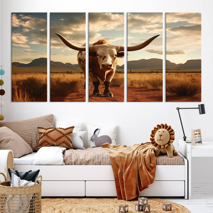 Cow Bighorn Wall Art Canvas Print, Longhorn Texas Large Cow Animal Canvas Print