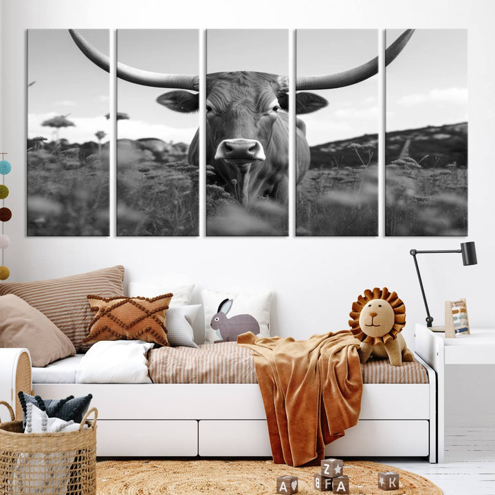 Cow Bighorn Wall Art Canvas Print, Longhorn Texas Large Cow Animal Canvas Print