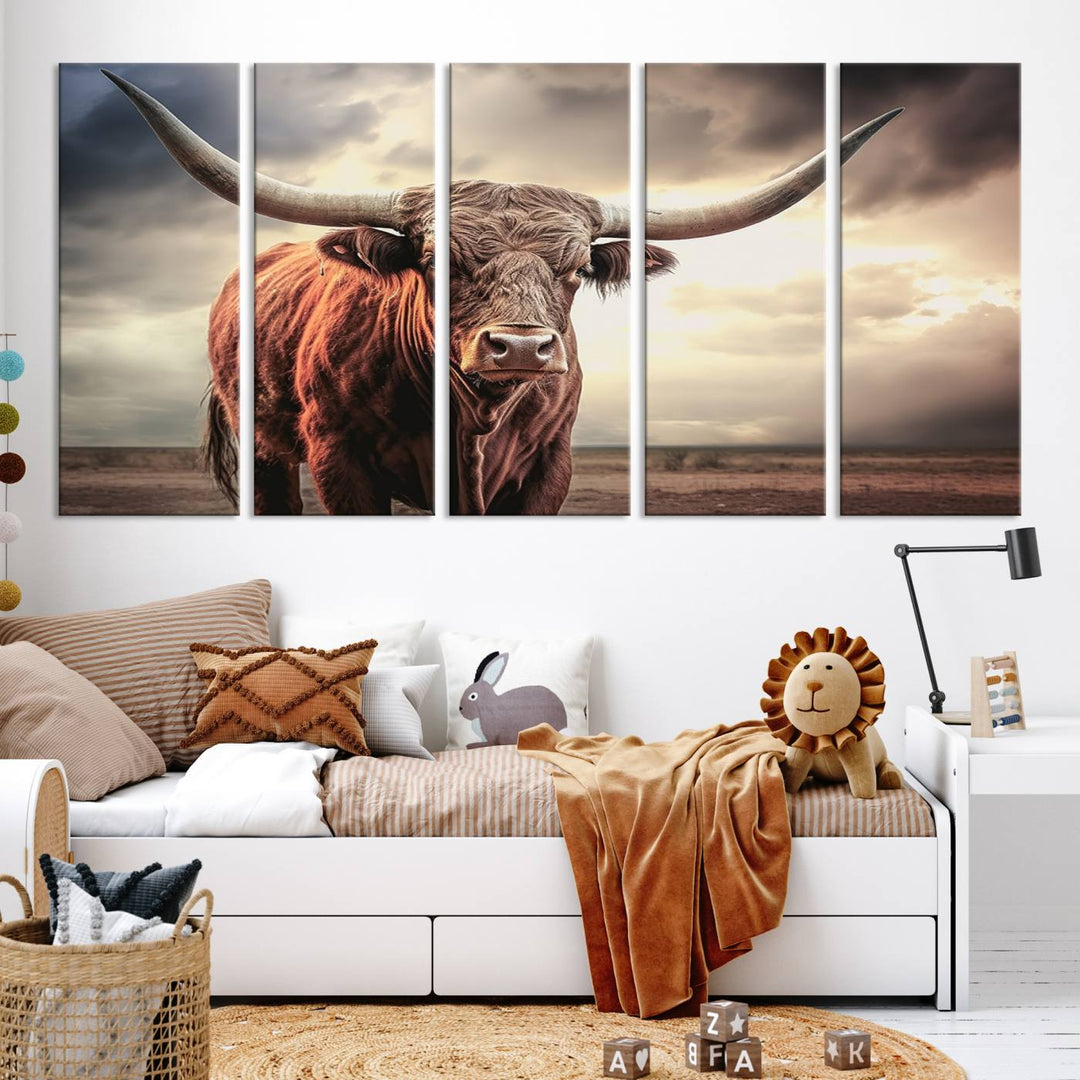 Cow Bighorn Wall Art Canvas Print, Longhorn Texas Large Cow Animal Canvas Print