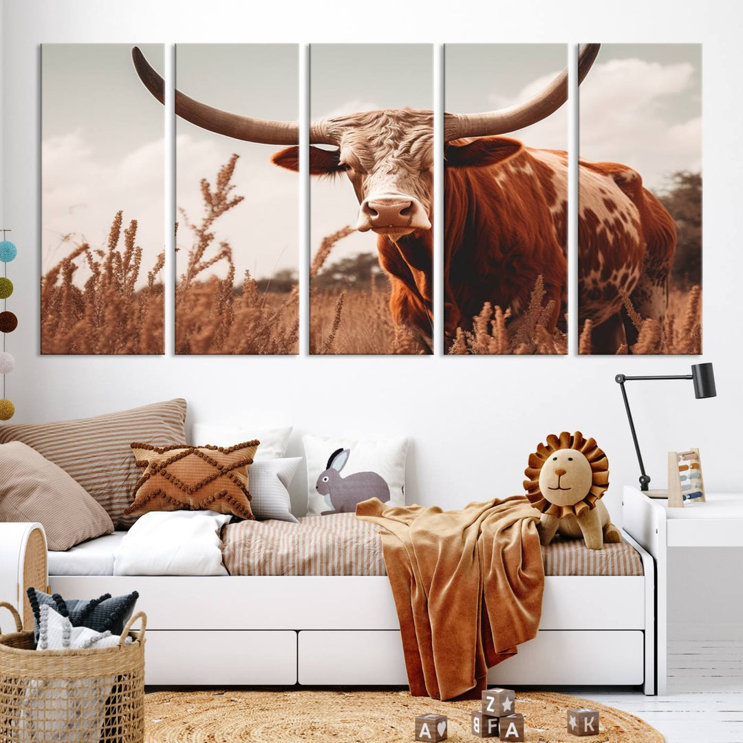 Cow Bighorn Wall Art Canvas Print, Longhorn Texas Large Cow Animal Canvas Print