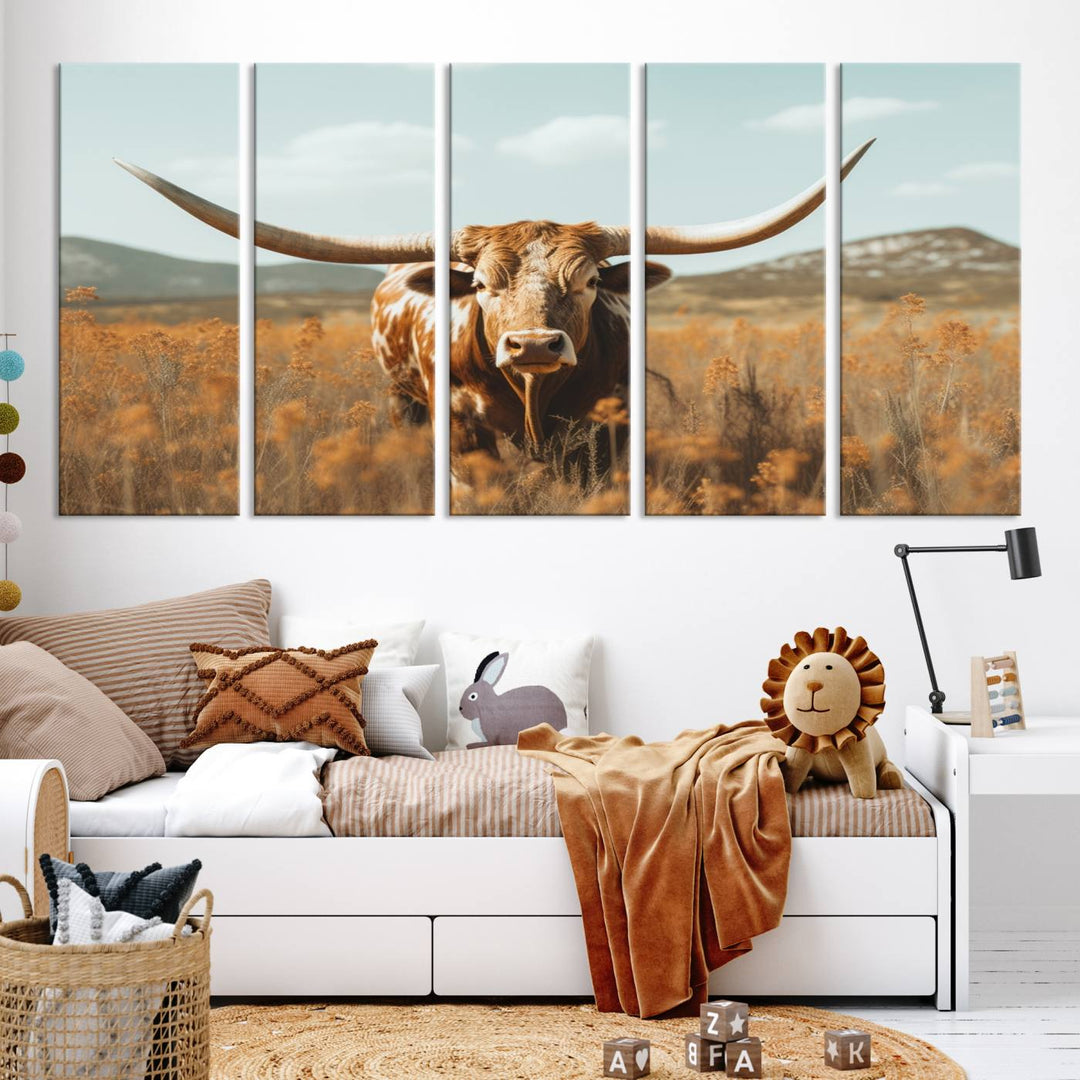 Cow Bighorn Wall Art Canvas Print, Longhorn Texas Large Cow Animal Canvas Print