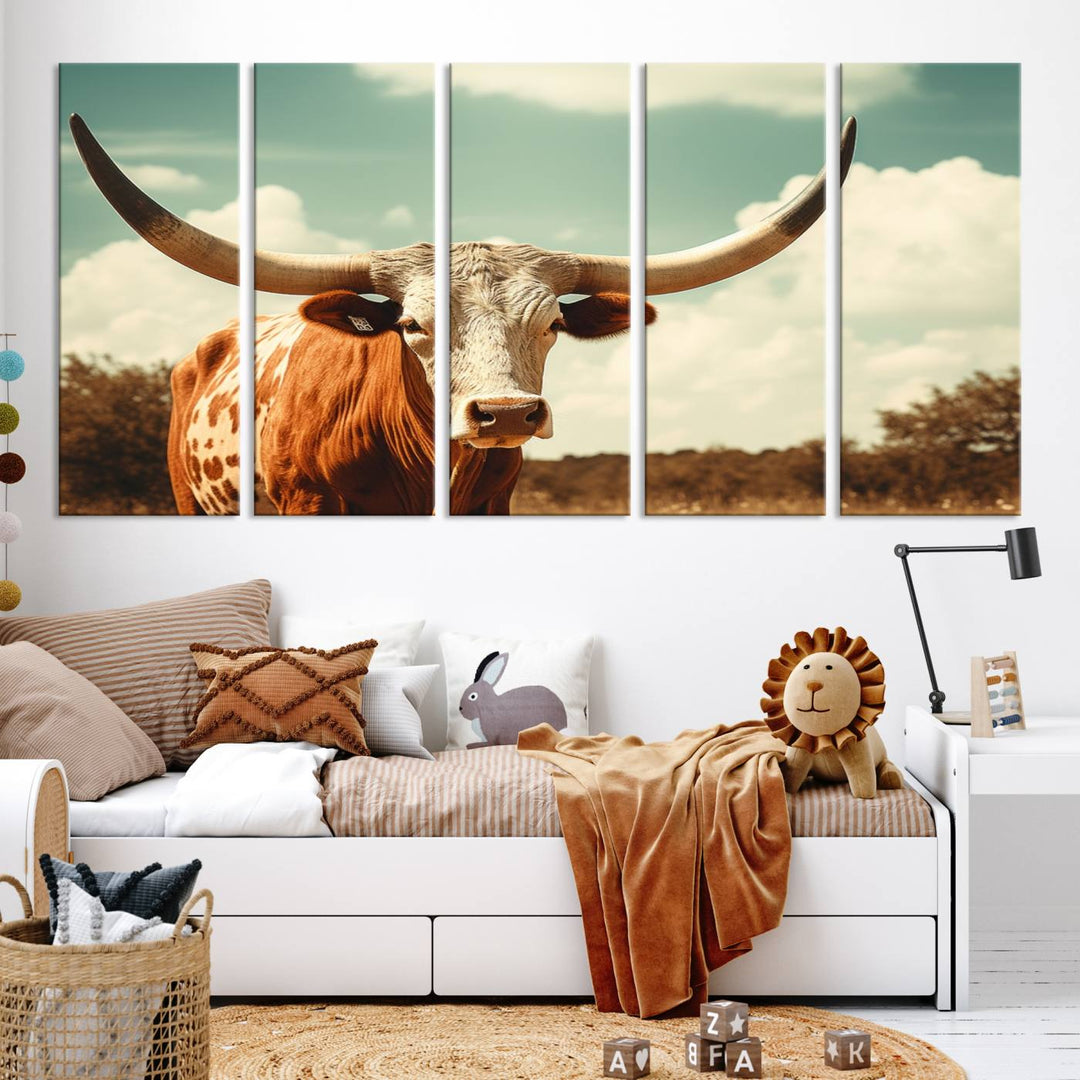 Cow Bighorn Wall Art Canvas Print, Longhorn Texas Large Cow Animal Canvas Print