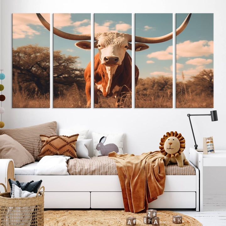 Cow Bighorn Wall Art Canvas Print, Longhorn Texas Large Cow Animal Canvas Print