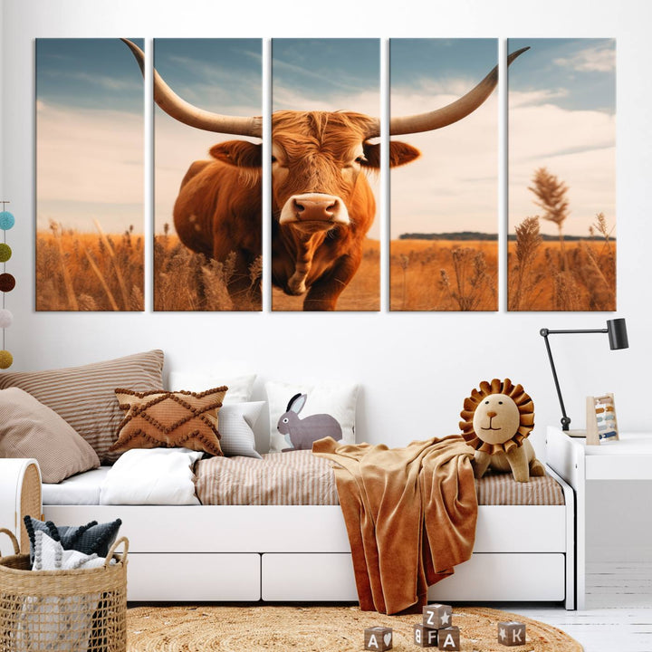 Cow Bighorn Wall Art Canvas Print, Longhorn Texas Large Cow Animal Canvas Print