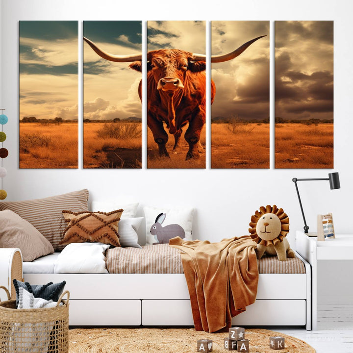 Cow Bighorn Wall Art Canvas Print, Longhorn Texas Large Cow Animal Canvas Print