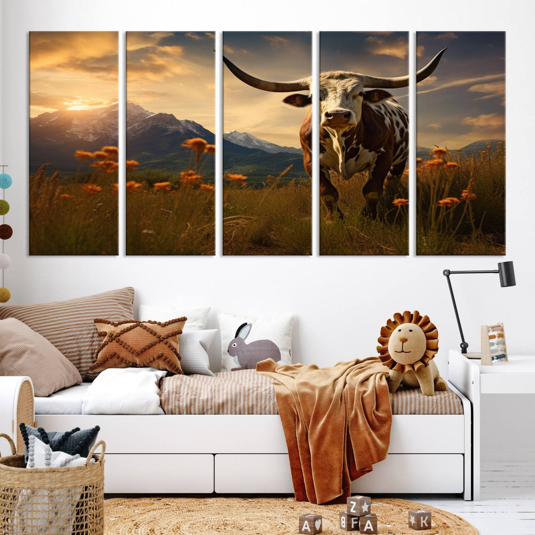 Cow Bighorn Wall Art Canvas Print, Longhorn Texas Large Cow Animal Canvas Print