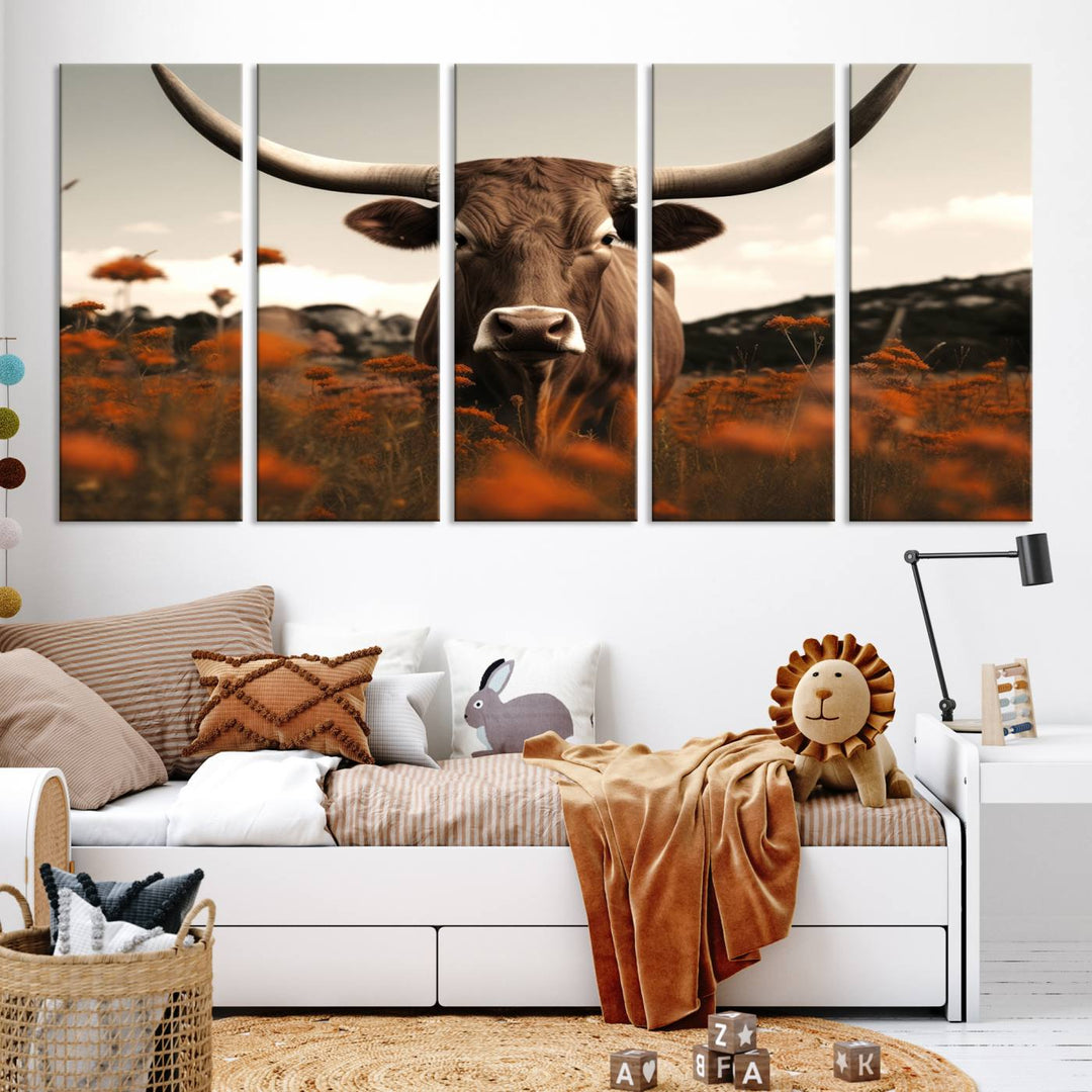 Cow Bighorn Wall Art Canvas Print, Longhorn Texas Large Cow Animal Canvas Print