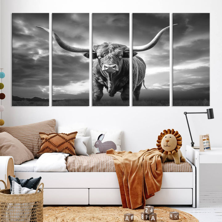 Cow Bighorn Wall Art Canvas Print, Longhorn Texas Large Cow Animal Canvas Print