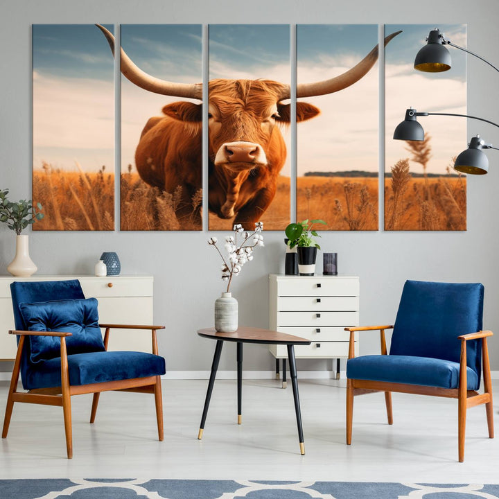 Cow Bighorn Wall Art Canvas Print, Longhorn Texas Large Cow Animal Canvas Print