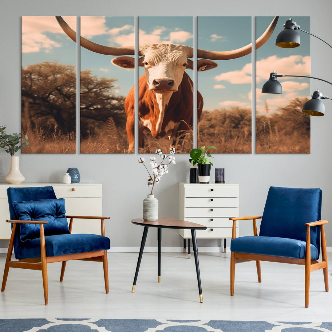 Cow Bighorn Wall Art Canvas Print, Longhorn Texas Large Cow Animal Canvas Print