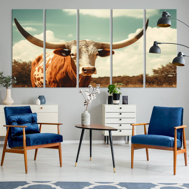 Cow Bighorn Wall Art Canvas Print, Longhorn Texas Large Cow Animal Canvas Print