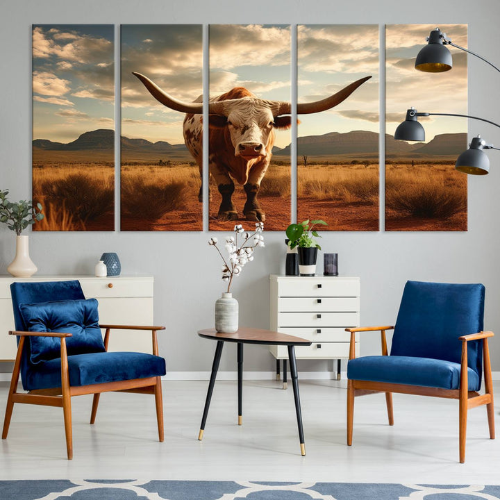 Cow Bighorn Wall Art Canvas Print, Longhorn Texas Large Cow Animal Canvas Print