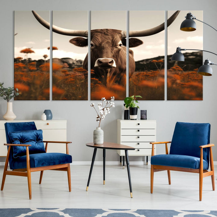 Cow Bighorn Wall Art Canvas Print, Longhorn Texas Large Cow Animal Canvas Print