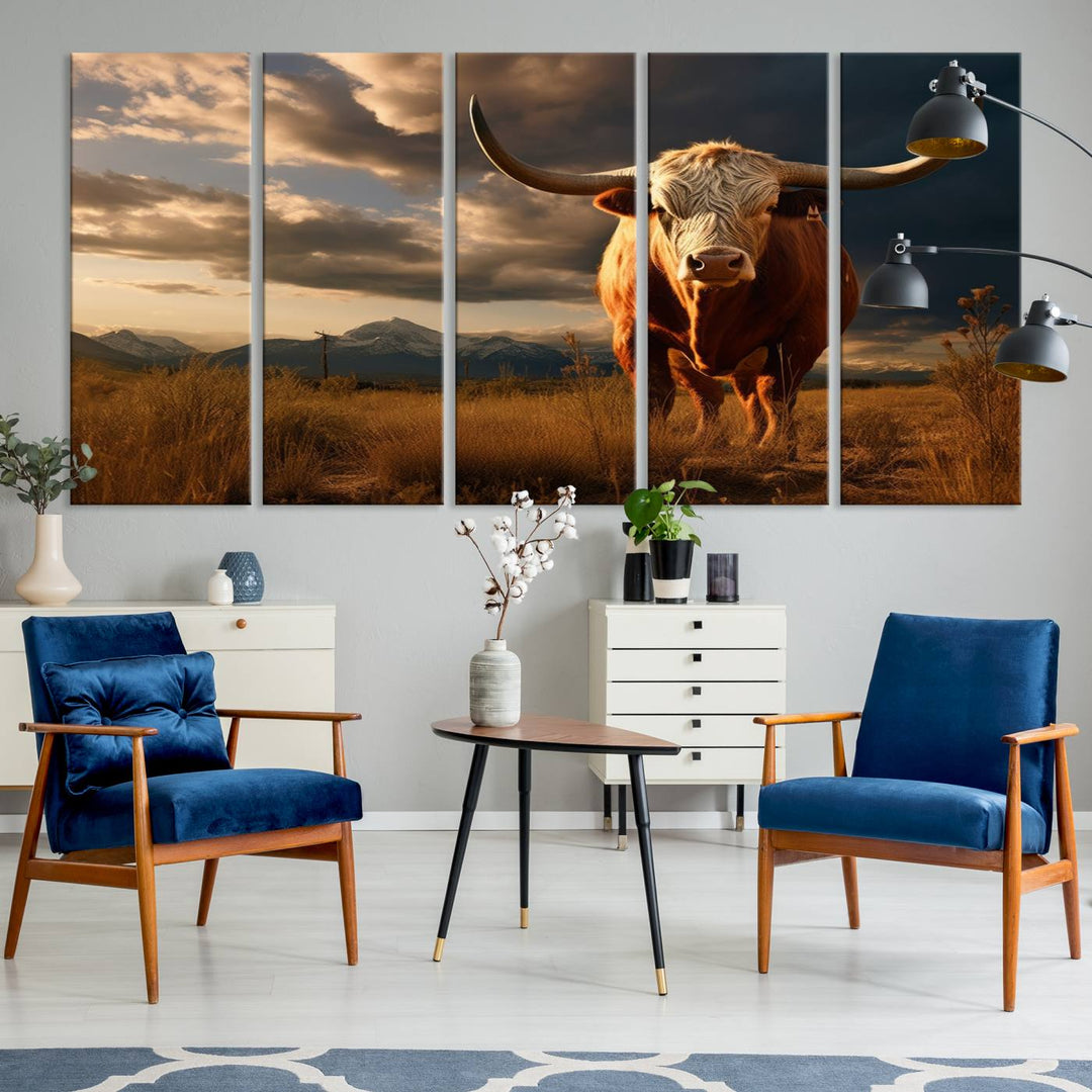 Cow Bighorn Wall Art Canvas Print, Longhorn Texas Large Cow Animal Canvas Print