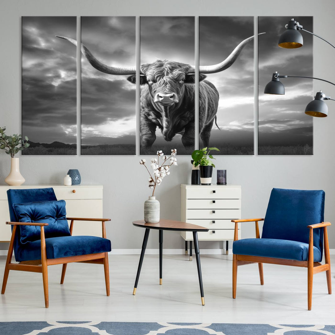 Cow Bighorn Wall Art Canvas Print, Longhorn Texas Large Cow Animal Canvas Print