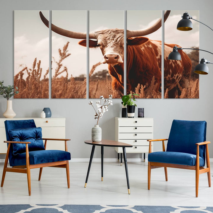 Cow Bighorn Wall Art Canvas Print, Longhorn Texas Large Cow Animal Canvas Print