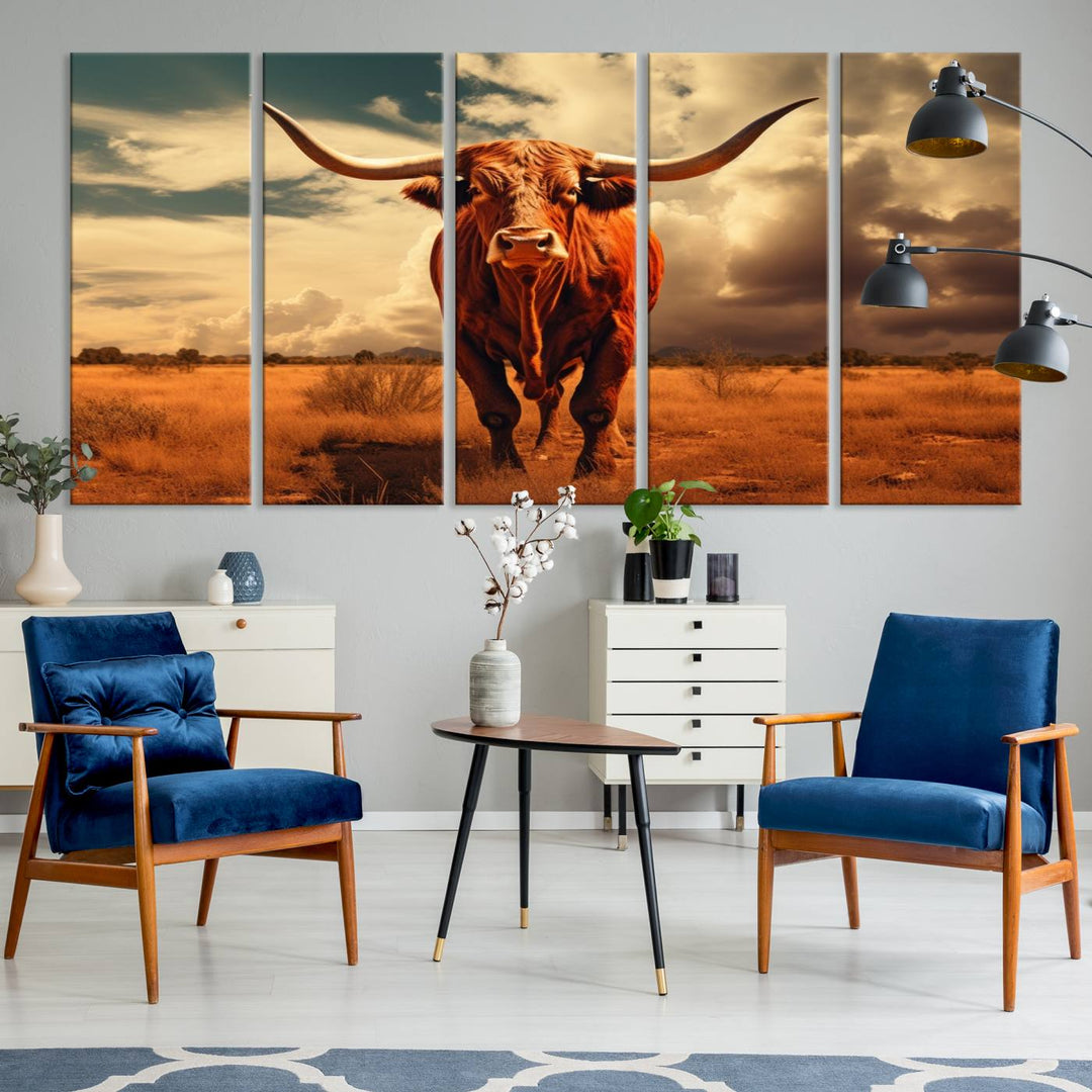 Cow Bighorn Wall Art Canvas Print, Longhorn Texas Large Cow Animal Canvas Print