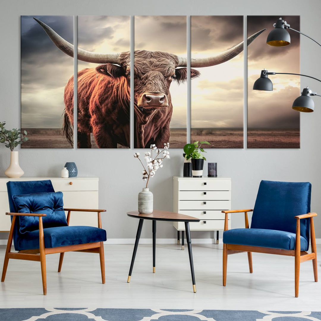 Cow Bighorn Wall Art Canvas Print, Longhorn Texas Large Cow Animal Canvas Print