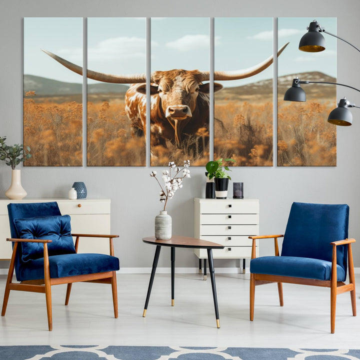 Cow Bighorn Wall Art Canvas Print, Longhorn Texas Large Cow Animal Canvas Print