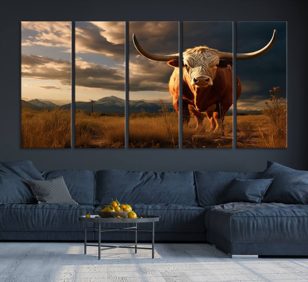 Cow Bighorn Wall Art Canvas Print, Longhorn Texas Large Cow Animal Canvas Print