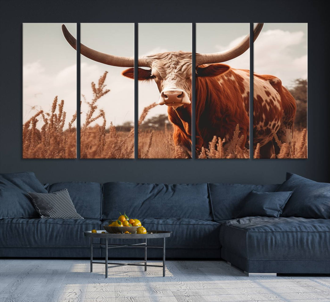 Cow Bighorn Wall Art Canvas Print, Longhorn Texas Large Cow Animal Canvas Print