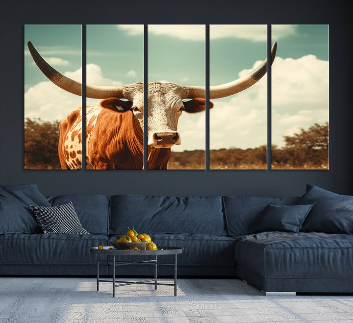 Cow Bighorn Wall Art Canvas Print, Longhorn Texas Large Cow Animal Canvas Print