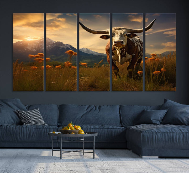 Cow Bighorn Wall Art Canvas Print, Longhorn Texas Large Cow Animal Canvas Print