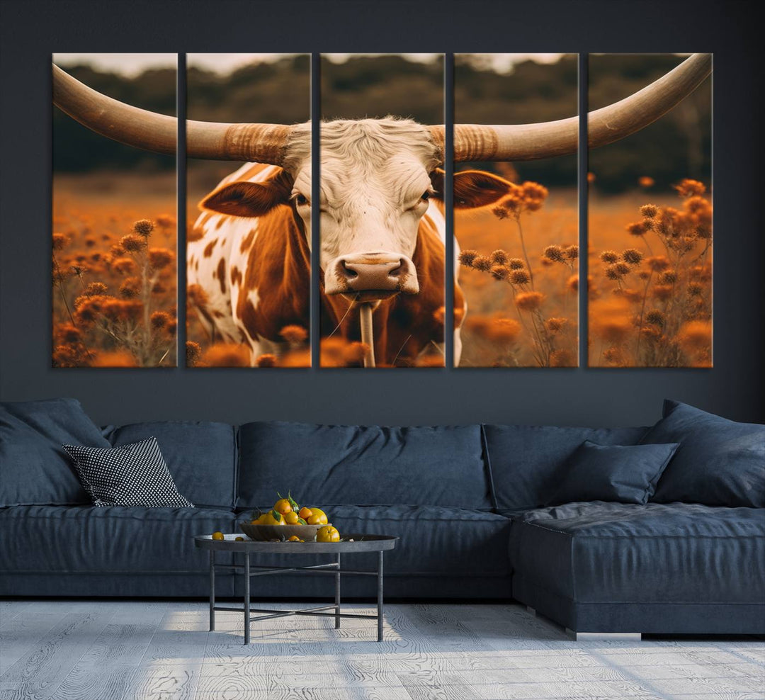 Cow Bighorn Wall Art Canvas Print, Longhorn Texas Large Cow Animal Canvas Print