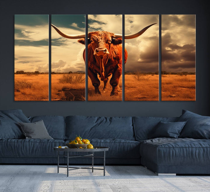 Cow Bighorn Wall Art Canvas Print, Longhorn Texas Large Cow Animal Canvas Print