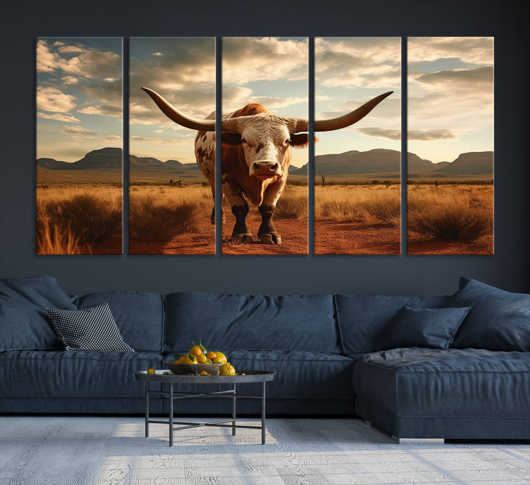 Cow Bighorn Wall Art Canvas Print, Longhorn Texas Large Cow Animal Canvas Print