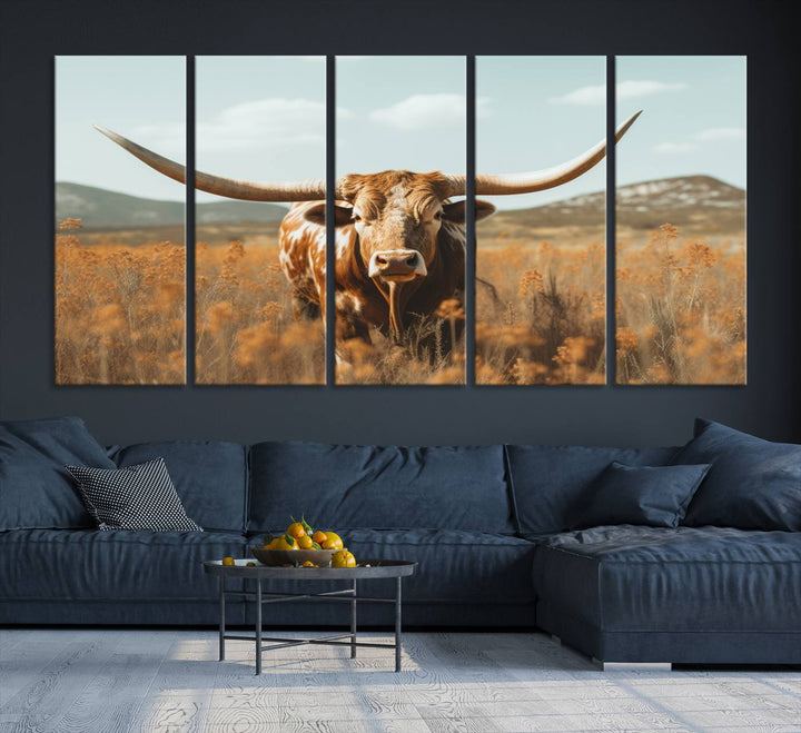 Cow Bighorn Wall Art Canvas Print, Longhorn Texas Large Cow Animal Canvas Print