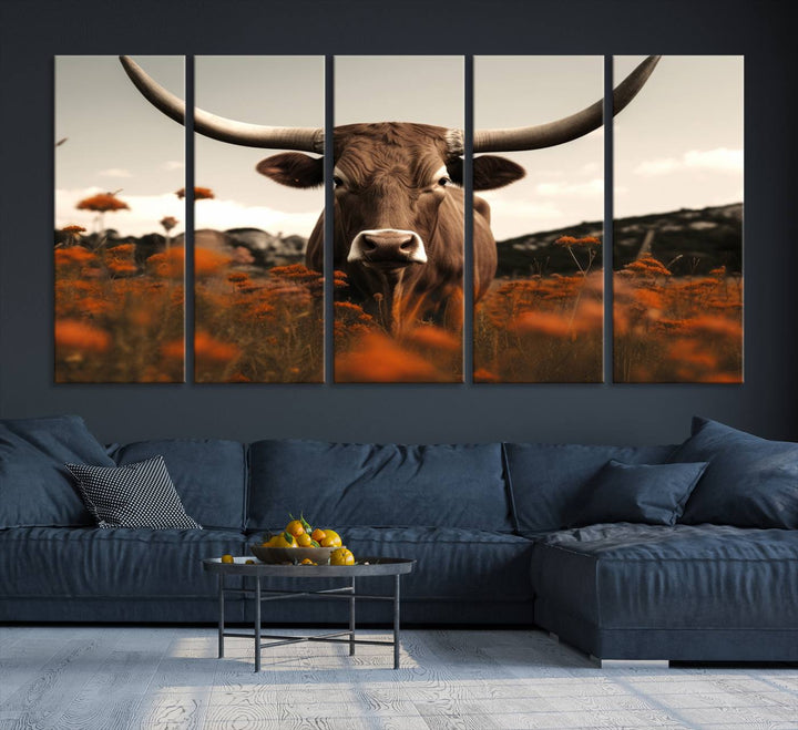 Cow Bighorn Wall Art Canvas Print, Longhorn Texas Large Cow Animal Canvas Print