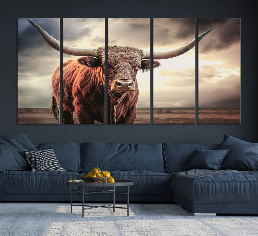 Cow Bighorn Wall Art Canvas Print, Longhorn Texas Large Cow Animal Canvas Print