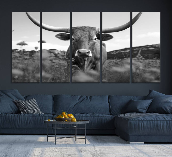 Cow Bighorn Wall Art Canvas Print, Longhorn Texas Large Cow Animal Canvas Print