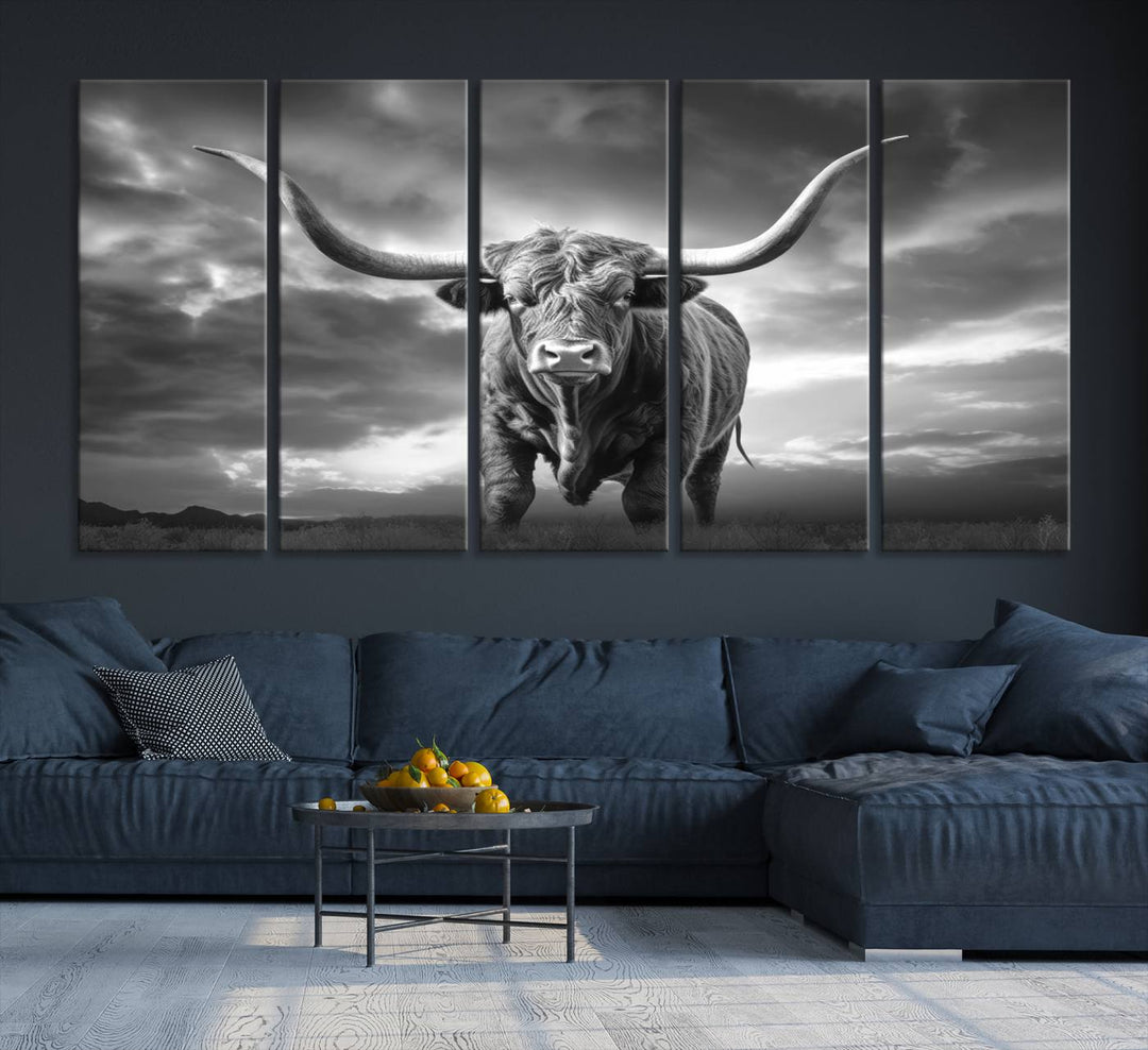 Cow Bighorn Wall Art Canvas Print, Longhorn Texas Large Cow Animal Canvas Print